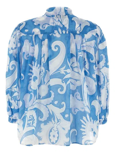 Etro Loose-fit Cotton Shirt With V-neck And Floral Pattern In Multicolor