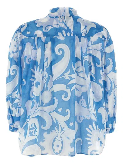 Etro Loose-fit Cotton Shirt With V-neck And Floral Pattern In Multicolor