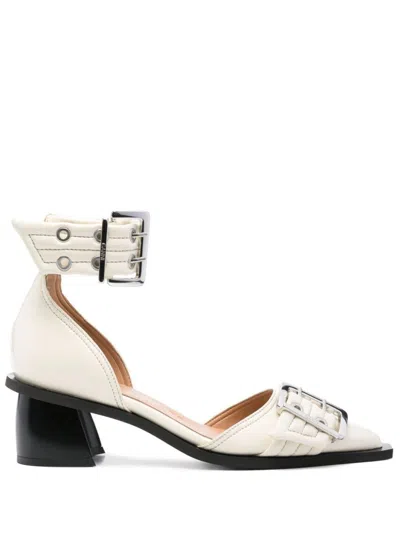 Ganni Ivory Pumps With Buckles And Ankle Strap In White