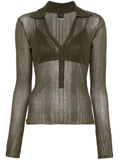 Pinko Ribbed Long-sleeved Top With Deep V-neckline In Green