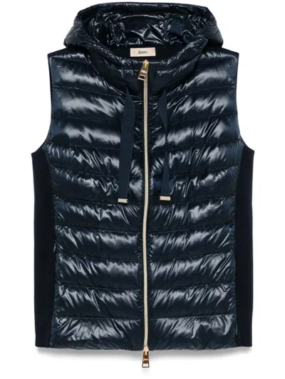 Herno Quilted Vest With Shiny Finish And Cozy Hood In Blue