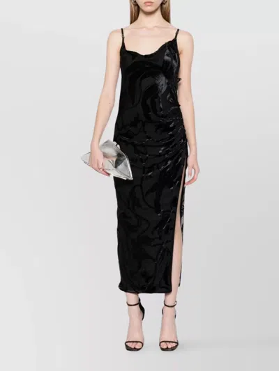Mugler Velvet Buckle Midi Dress With Side Slit In Nero
