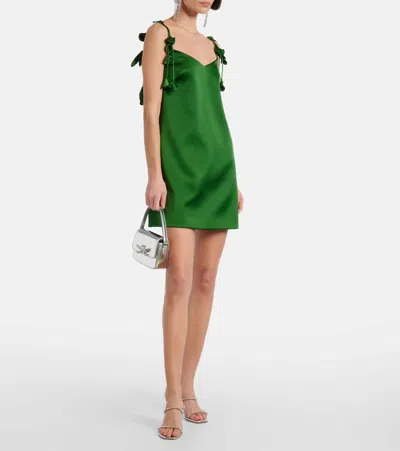 Self-portrait Green Mini Dress With V Neck And Shoulder Straps With Floral Embellishments