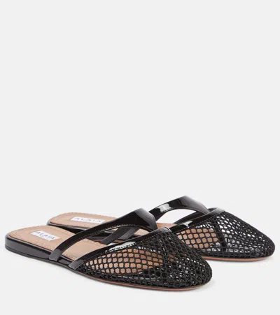 Alaïa Fishnet And Leather Flip Flops Flat Mules Shoes In Black