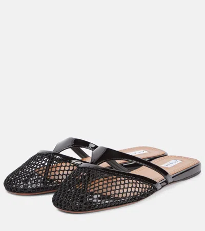 Alaïa Fishnet And Leather Flip Flops Flat Mules Shoes In Black