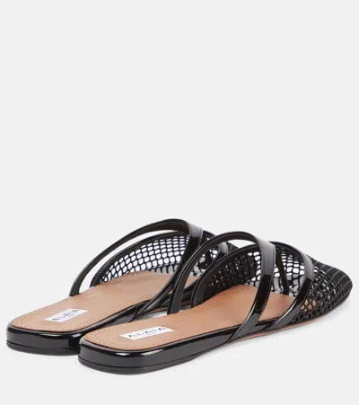 Alaïa Fishnet And Leather Flip Flops Flat Mules Shoes In Black