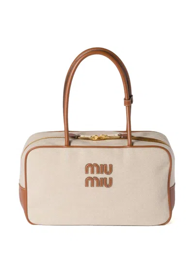 Miu Miu Large Beau Canvas Shoulder Bag In Neutral