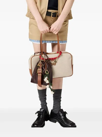 Miu Miu Large Beau Canvas Shoulder Bag In Neutral