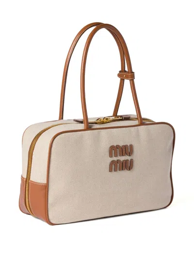Miu Miu Large Beau Canvas Shoulder Bag In Neutral
