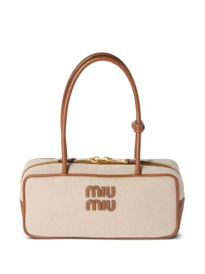 Miu Miu Canvas-leather Beau Top-handle Bag In Neutrals