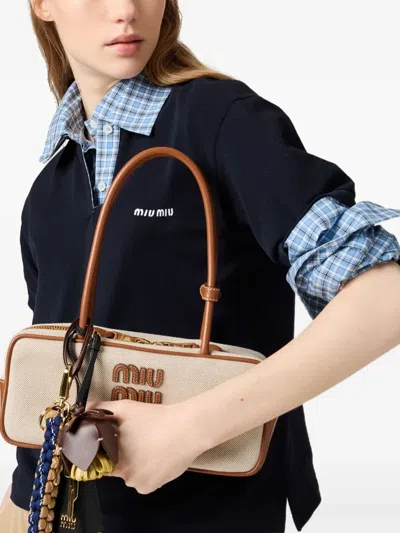 Miu Miu Canvas-leather Beau Top-handle Bag In Neutrals