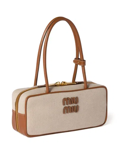 Miu Miu Canvas-leather Beau Top-handle Bag In Neutrals