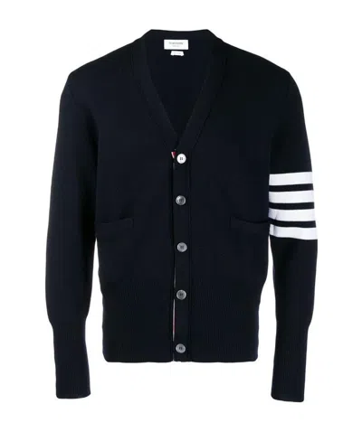 Thom Browne Navy Blue Merino Wool 4- Bar Cardigan In Blue
