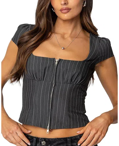 Edikted Keni Pinstripe Zip Up Top In Dark Gray