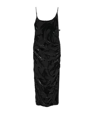 Mugler Velvet Buckle Midi Dress With Side Slit In Nero