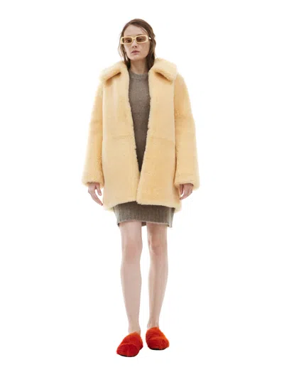 Ami Alexandre Mattiussi Fur Coat With Hook Closure In Yellow