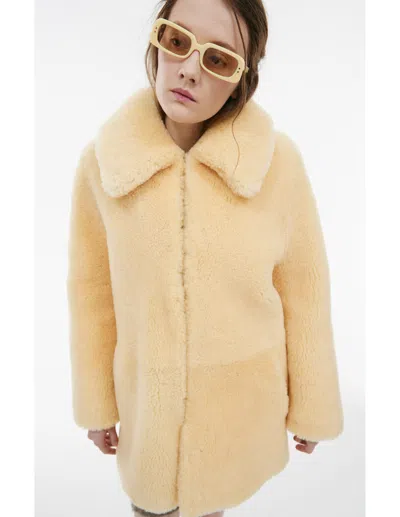 Ami Alexandre Mattiussi Fur Coat With Hook Closure In Yellow