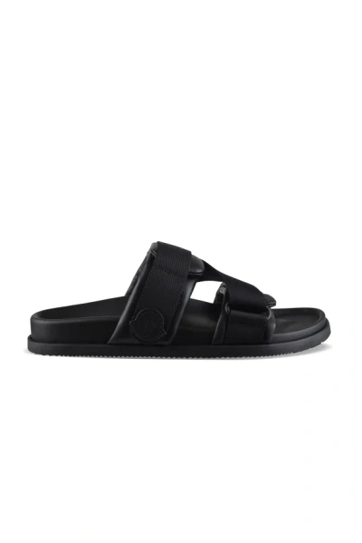 Moncler Black Leather And Fabric Sandals In Animal Print