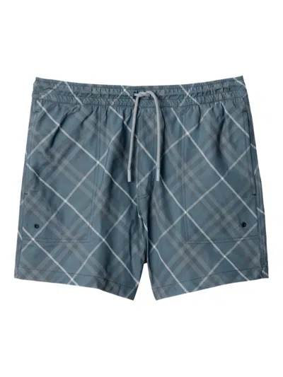 Burberry Check Pattern Swim Shorts With Drawstring Waist In Blue