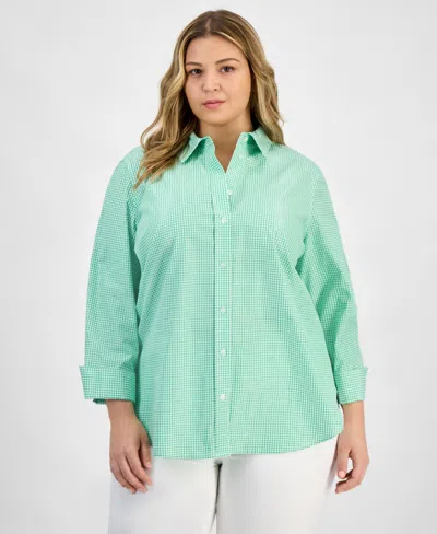 Kasper Plus Size Gingham Button-up 3/4-sleeve Shirt In Green