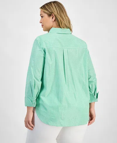 Kasper Plus Size Gingham Button-up 3/4-sleeve Shirt In Green