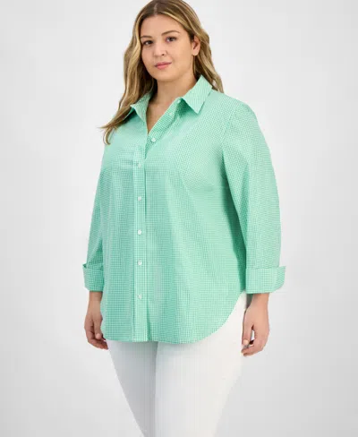 Kasper Plus Size Gingham Button-up 3/4-sleeve Shirt In Green
