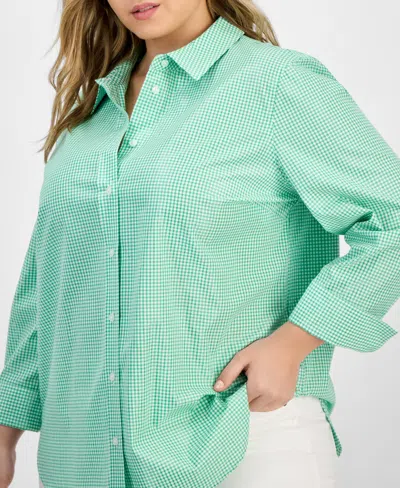 Kasper Plus Size Gingham Button-up 3/4-sleeve Shirt In Green