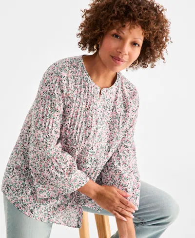 Style & Co Women's Cotton Printed Pintuck Top, Exclusively At Macy's In Multi