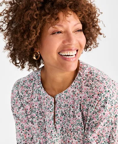Style & Co Women's Cotton Printed Pintuck Top, Exclusively At Macy's In Multi