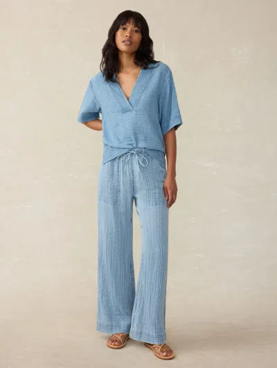 Faherty Dune Cotton Gauze Short Sleeve Popover In Light Indigo Wash