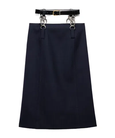 Prada Floating Leather Belt Wool Midi Skirt In Blue