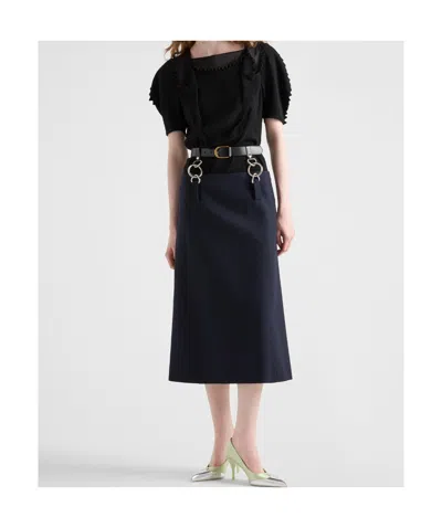 Prada Floating Leather Belt Wool Midi Skirt In Blue