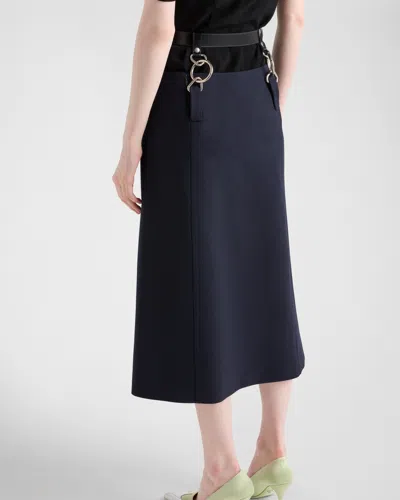 Prada Floating Leather Belt Wool Midi Skirt In Blue
