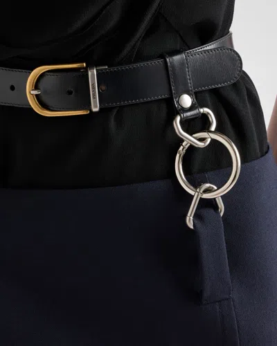 Prada Floating Leather Belt Wool Midi Skirt In Blue