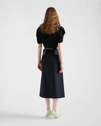 Prada Floating Leather Belt Wool Midi Skirt In Blue