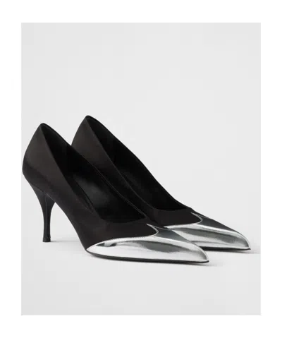 Prada Satin And Metallic Leather Pumps In Black