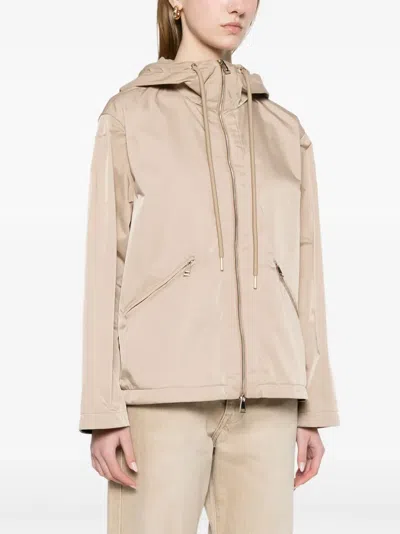 Moncler Cassiopea Hooded Polyester Jacket Drawstring Pockets In Neutrals
