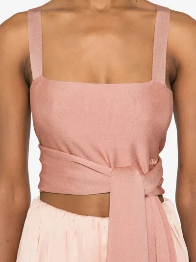 Chloé Cropped Front-tie Tank Top In Shiny Viscose Knit In Pink
