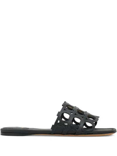 Ferragamo Erne Leather Gancini Link Slide Sandals In Black