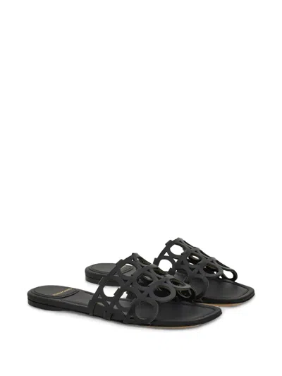 Ferragamo Erne Leather Gancini Link Slide Sandals In Black