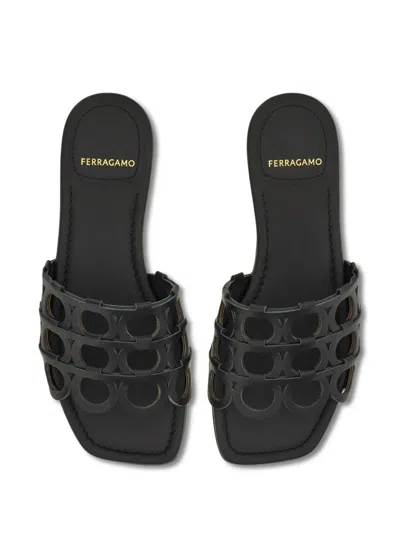 Ferragamo Erne Leather Gancini Link Slide Sandals In Black