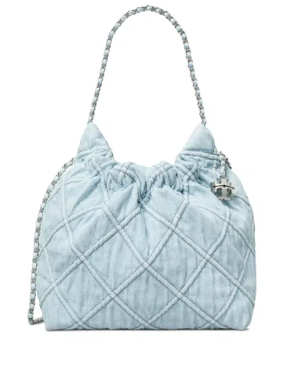 Tory Burch Fleming Mini Quilted Denim Hobo Bag In Blue