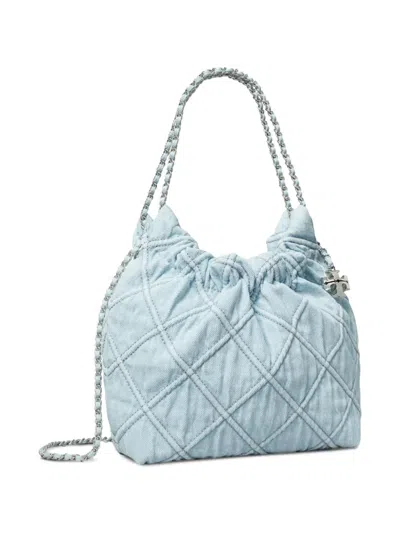 Tory Burch Fleming Mini Quilted Denim Hobo Bag In Blue