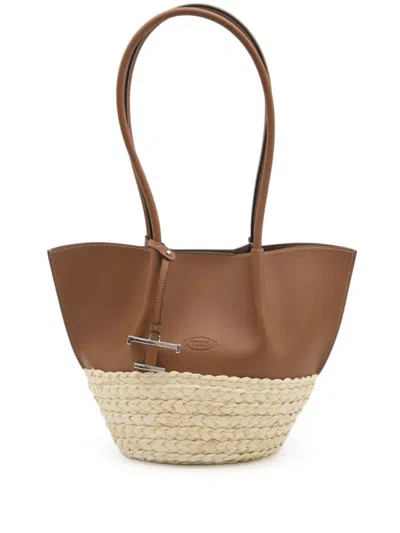 Tod's T Timeless-charm Raffia And Leather Small Tote Bag In Brown