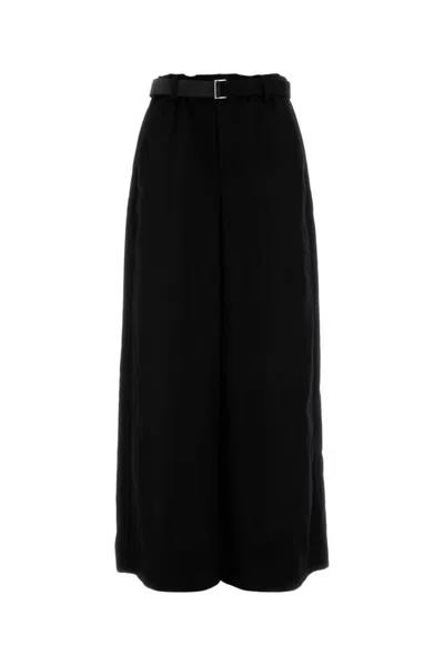 Sacai Wide-leg Wool Trousers With Belted Waist In Black