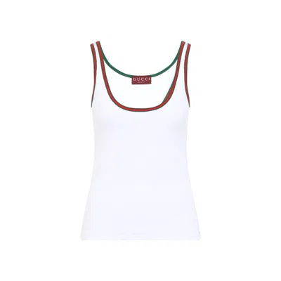 Gucci Women White Ribbed Top With Web Detail On The Edges In Cotton Woman