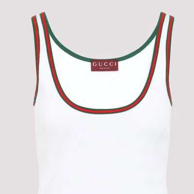Gucci Women White Ribbed Top With Web Detail On The Edges In Cotton Woman