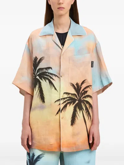 Palm Angels Sunrise Palm Bowling Shirt In 8410 Multicolor - Black