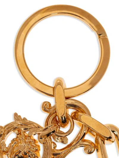 Versace Logo-engraved Charm Keychain In Gold