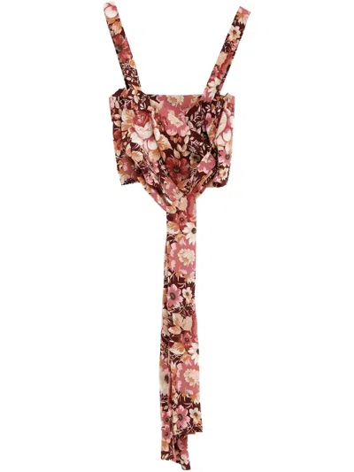 Chloé Rose Print Cropped Silk Top In Maroon Pink